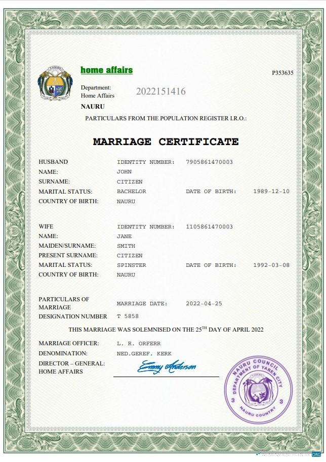 Download Nauru marriage certificate Word and PDF template Photoshop template